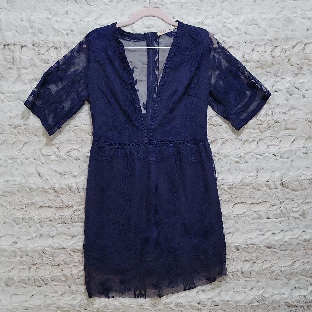 Eleter Navy Blue Lace Deep V-Neck Mini Romper, Womens Sz M, Cocktail, Romantic